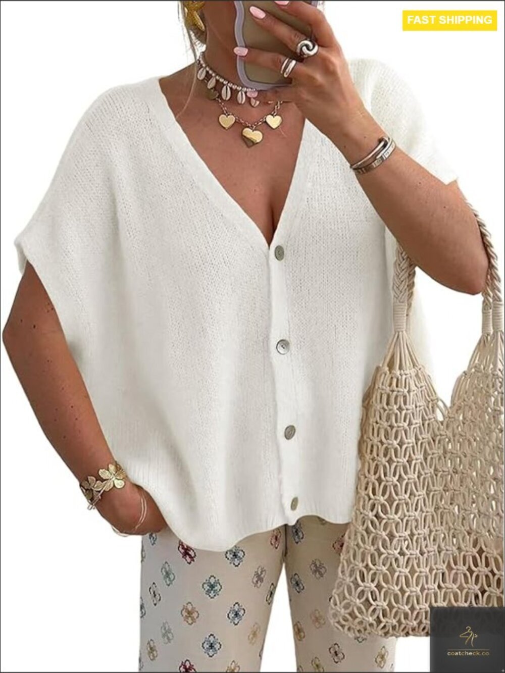 Oversized Batwing Short Sleeve Knit Cardigan Lightweight Button Front Vest Top